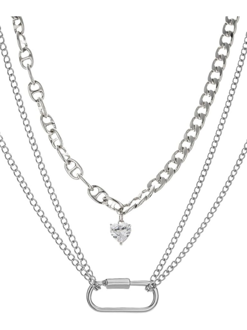 Y2K Layered Chunky Chain Necklace Set - Silver Heart Lock Pendant, 3-Strand